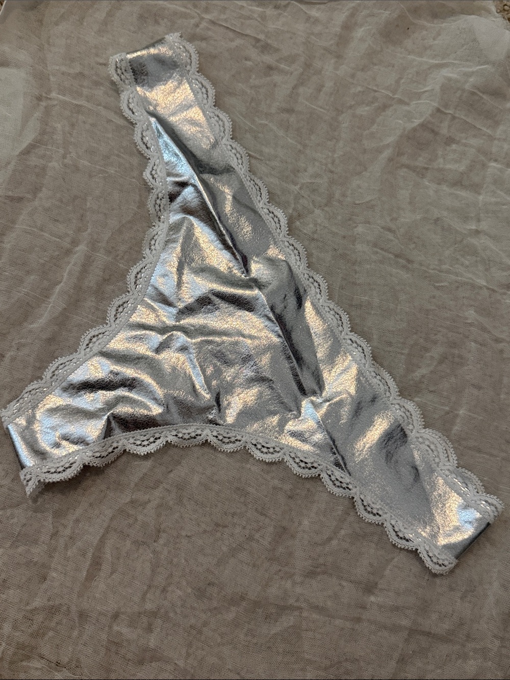 Victoria Secret Dream Angels Silver Lace-Trim Thong Panty - Women Intimates